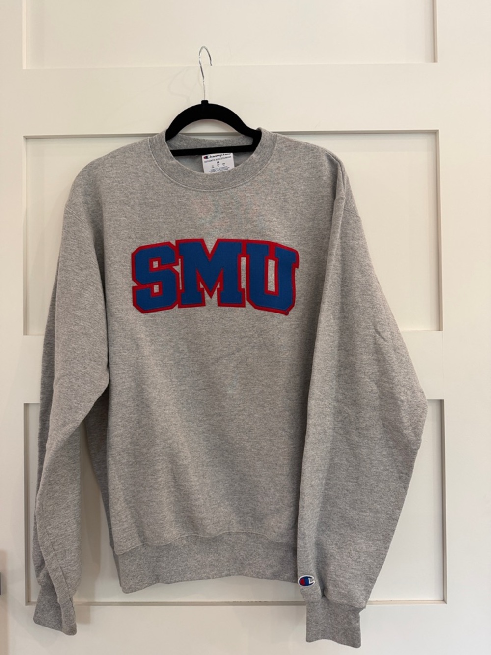 Champion Gray SMU Crewneck with Blue and Red Lettering